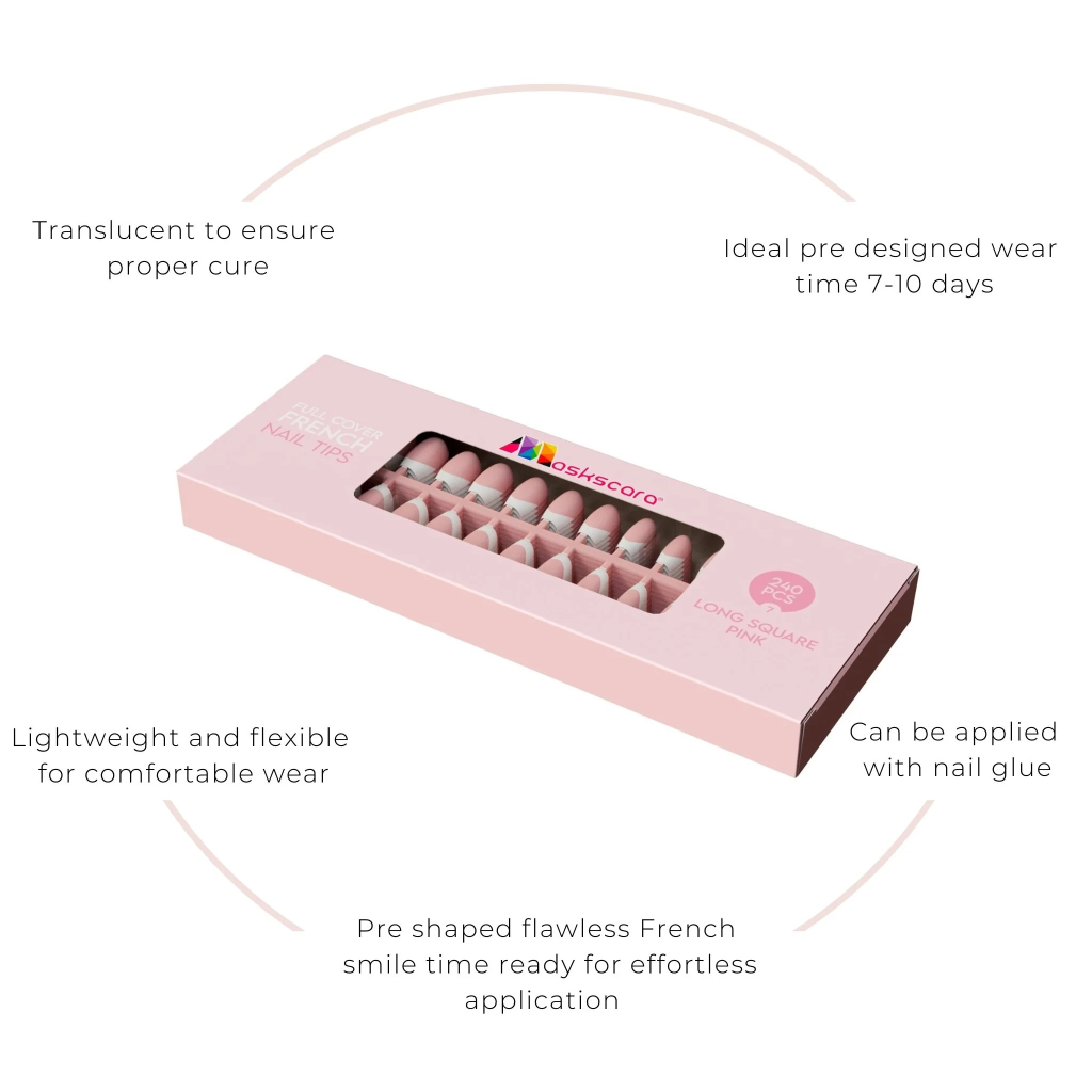 Long Square Pink -Full Cover French Tips 240's
