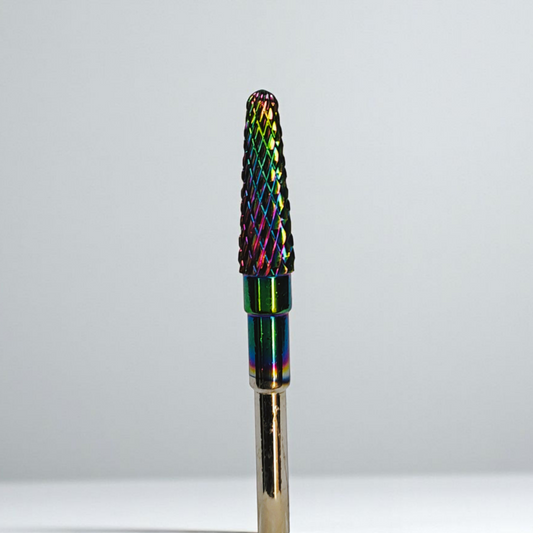 Multicolored nail drill bit on a white background
