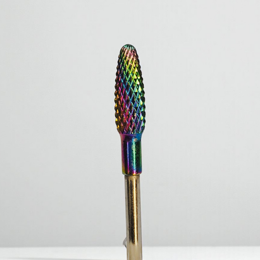 Multicolored nail drill bit on a white background