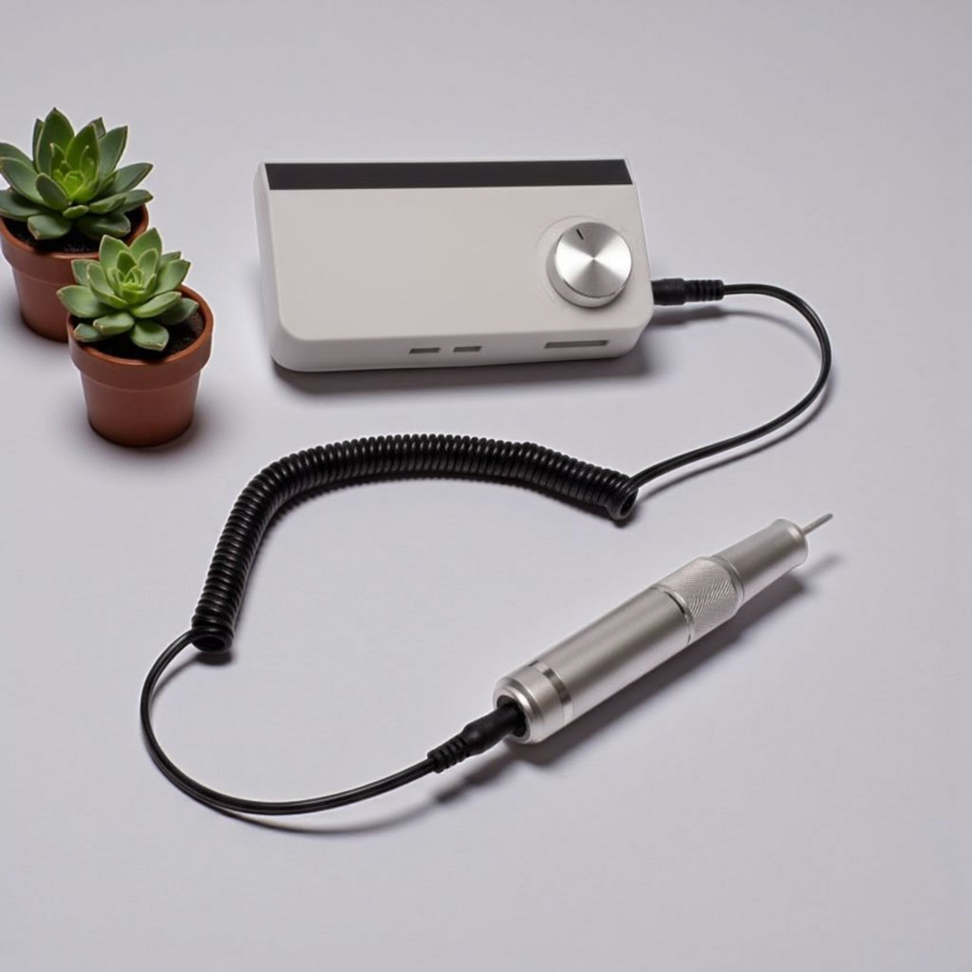 Nail drill with power supply and coiled cable on a light gray background